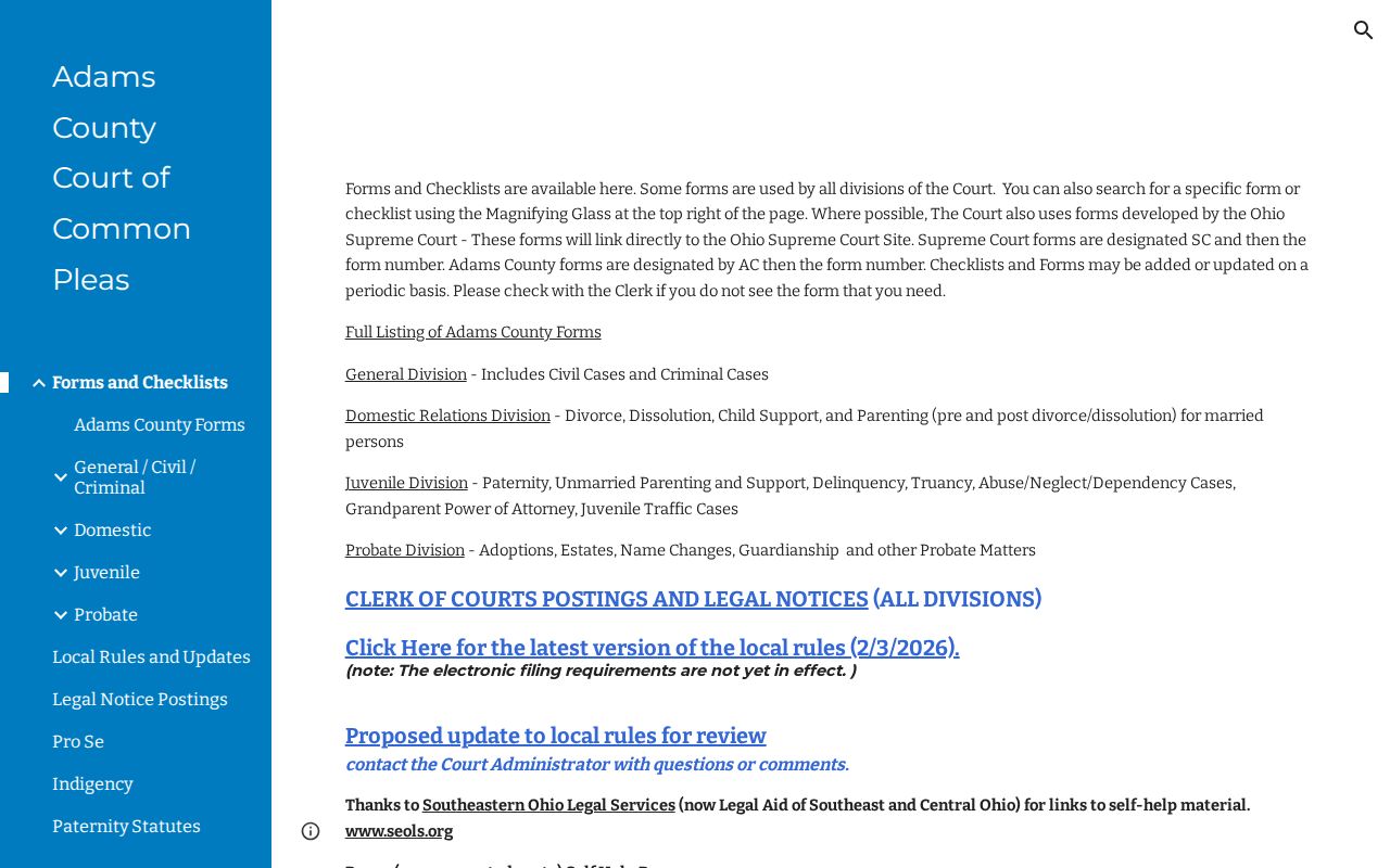 Adams County Common Pleas forms and checklists for civil court records