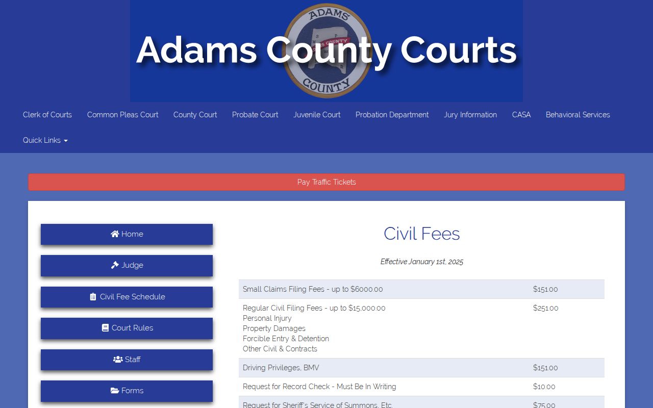 Adams County Court fee schedule for civil docket and small claims records