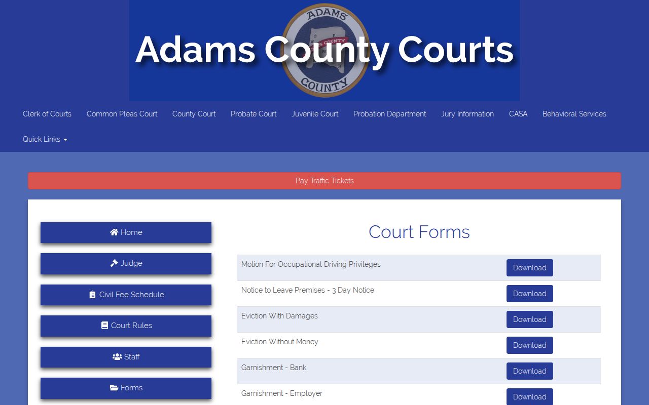 Adams County Court civil forms page for local docket matters
