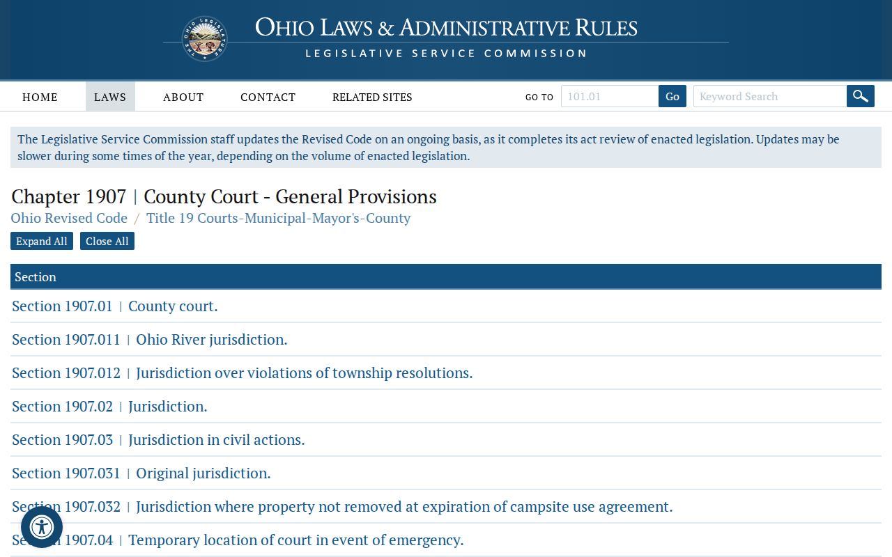 Ohio Revised Code Chapter 1907 for Adams County civil court docket jurisdiction
