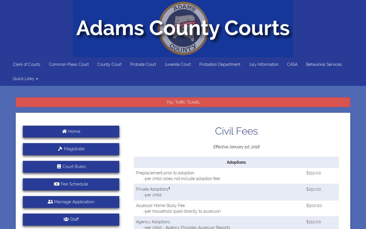 Adams County Probate Court fee schedule for civil case record copies