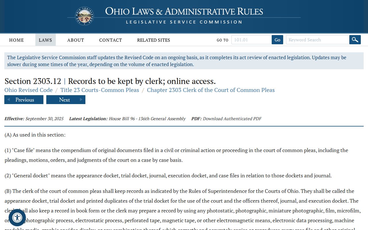 Ohio Revised Code section 2303.12 on Adams County civil docket records