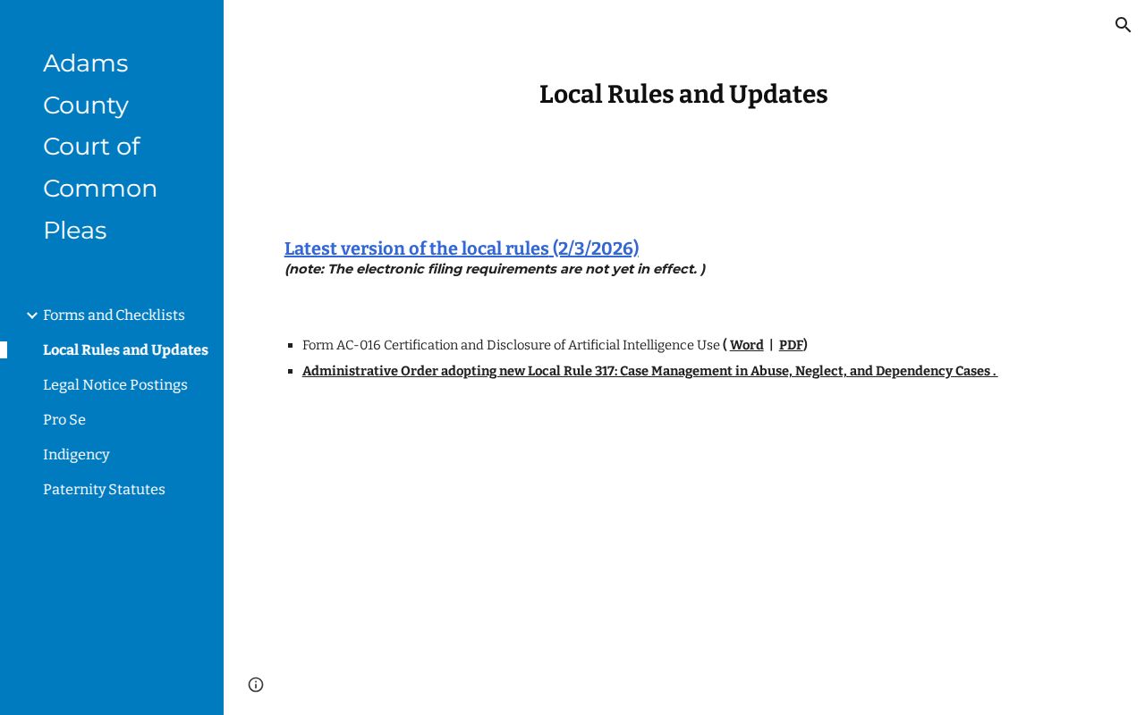 Adams County court calendar local rules update and docket access notice