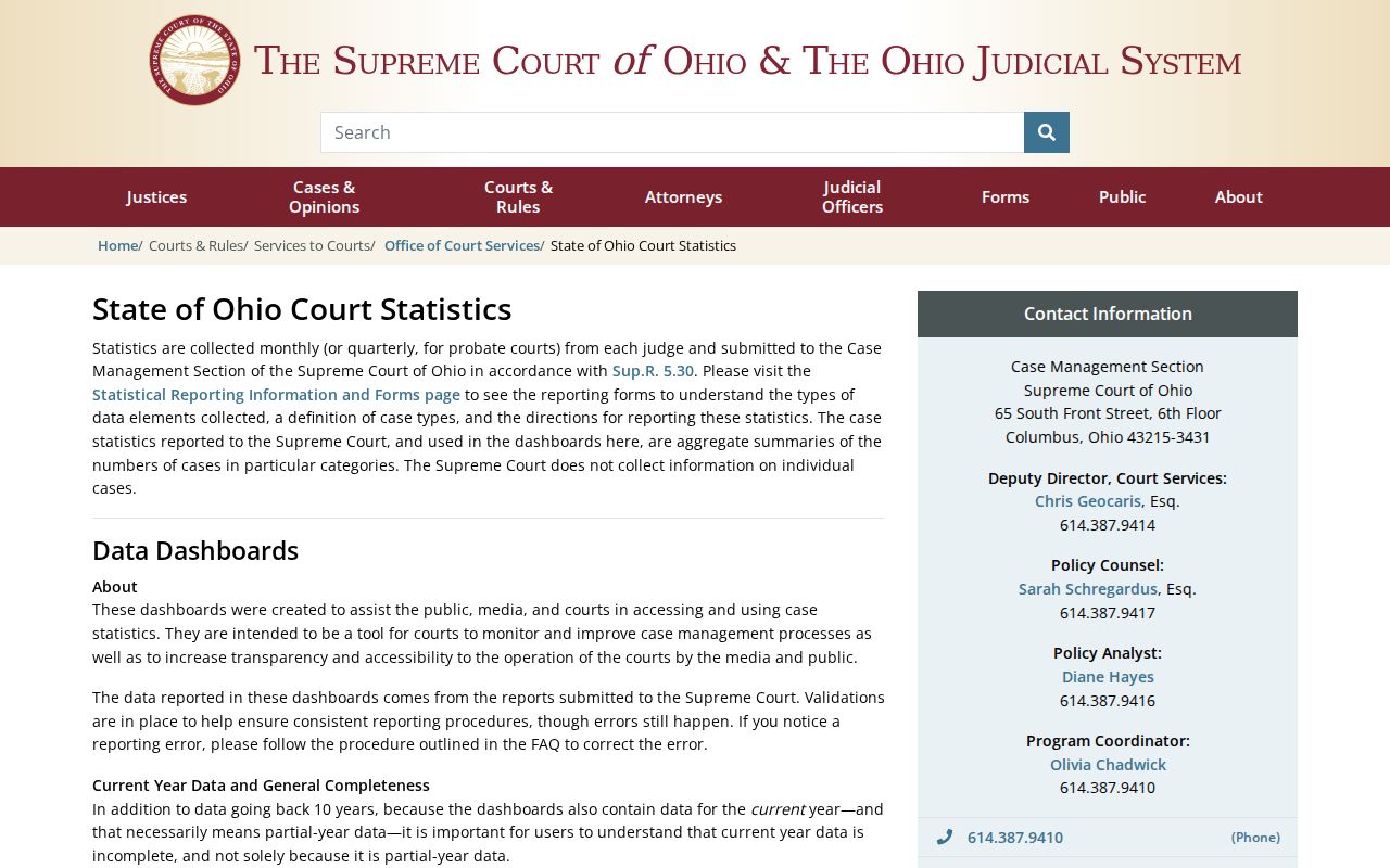 Adams County court calendar Ohio court statistics dashboard