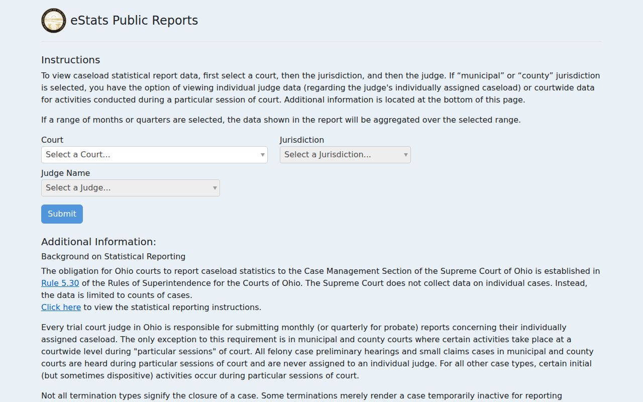 Adams County court calendar Ohio eStats court reporting interface