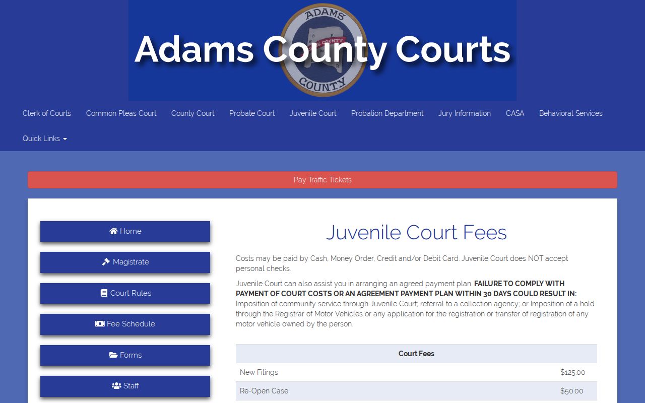 Adams County court records Juvenile Court fee schedule