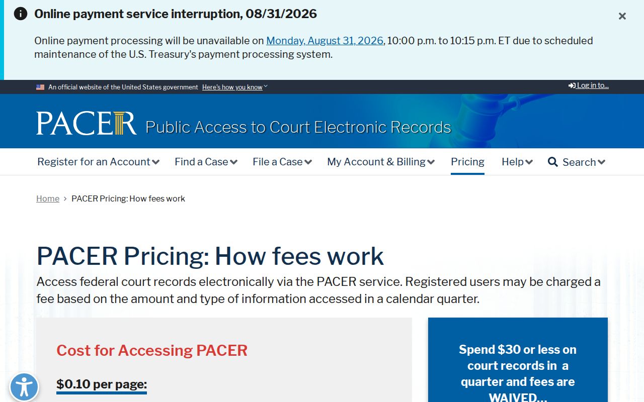 Adams County court records federal PACER pricing source
