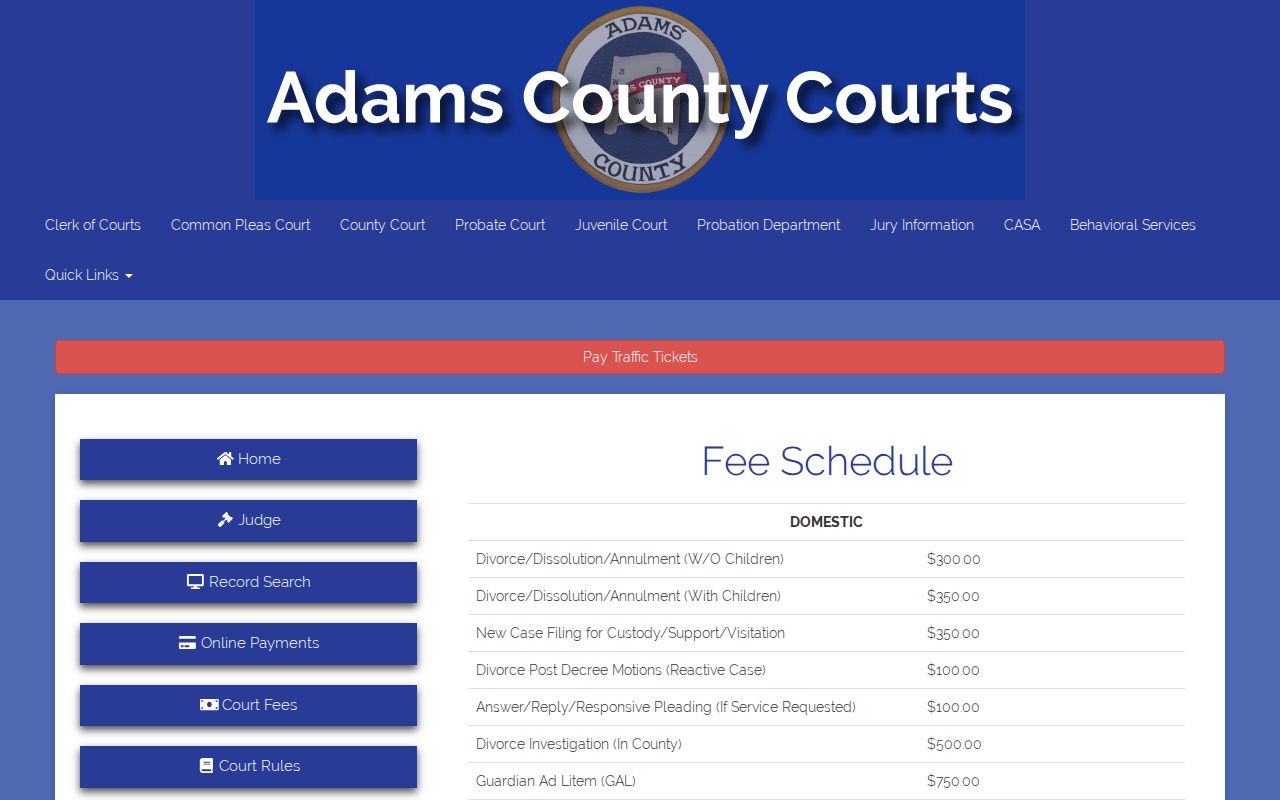 Adams County Common Pleas fee schedule for criminal court record copies