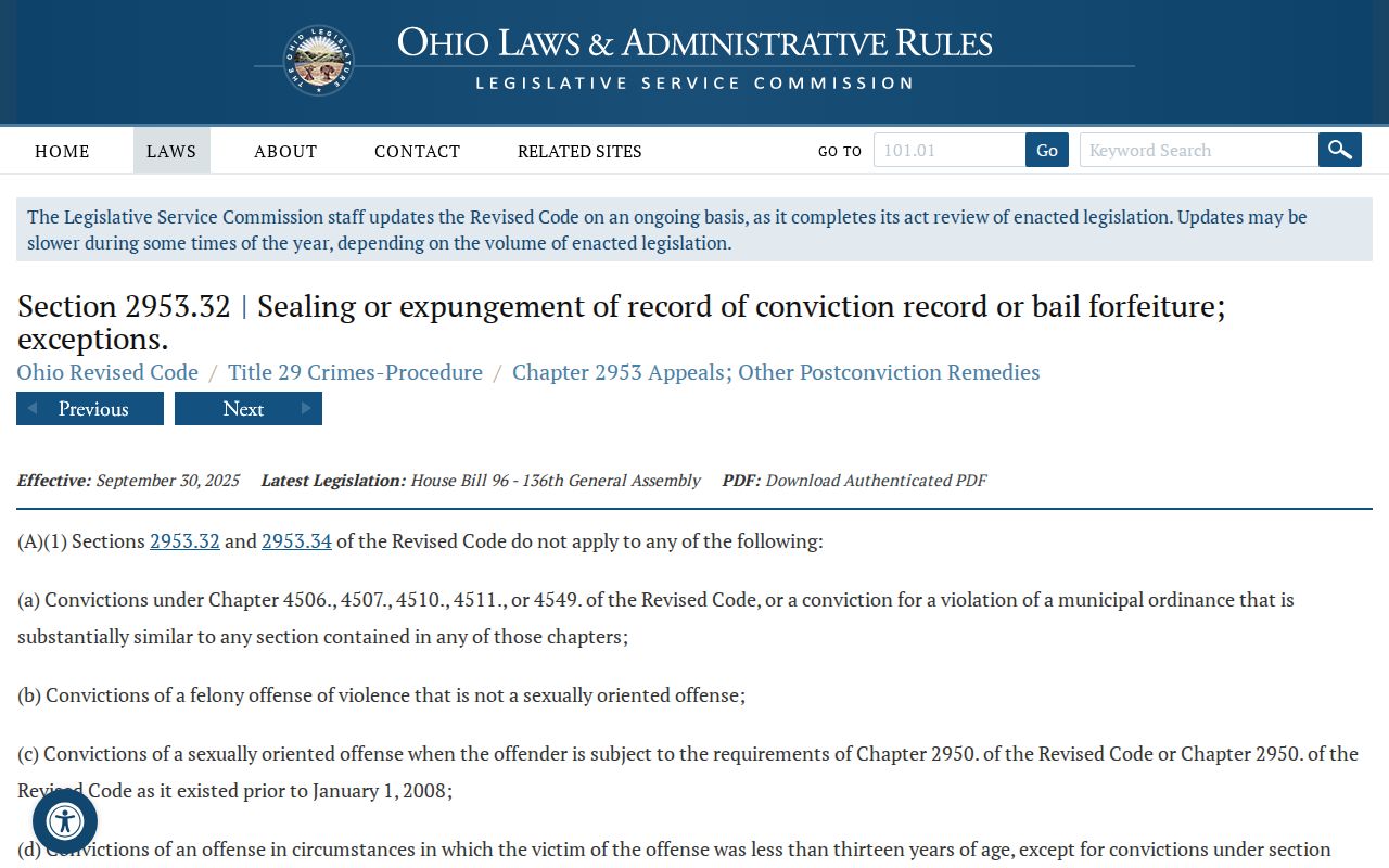 Ohio Revised Code section 2953.32 on sealed Adams County criminal court records