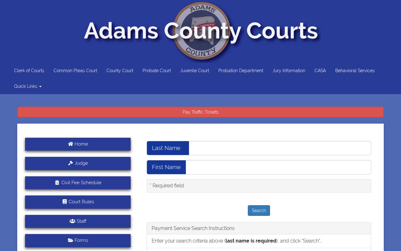 Adams County traffic court records payment lookup search fields